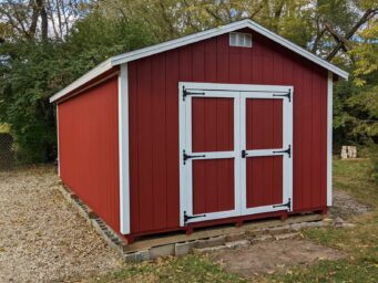 12x20 red gable shed with white trim and charcoal roof in springfield oh